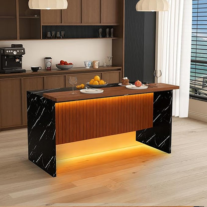 JOSHEN 63" Marble-Look Extendable Dining Table, Kitchen Work Island with Adjustable LED Lights, Kitchen Island Table with Grille Details for Kitchen Dining Areas, Walnut+Black