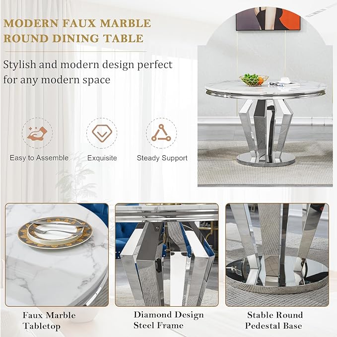 Round Marble Dining Table for 4 6，Modern 45" White Silver Kitchen Table with Faux Marble Top & Diamond Design Pedestal Base, American-Style Round Dining Room Dinner Table,Home Kitchen Furniture
