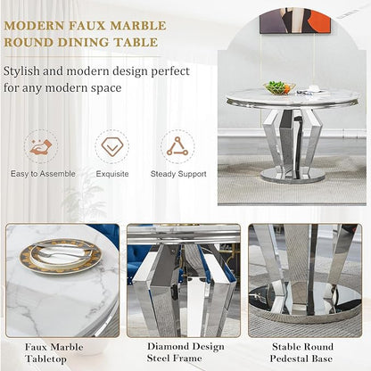 Round Marble Dining Table for 4 6，Modern 45" White Silver Kitchen Table with Faux Marble Top & Diamond Design Pedestal Base, American-Style Round Dining Room Dinner Table,Home Kitchen Furniture