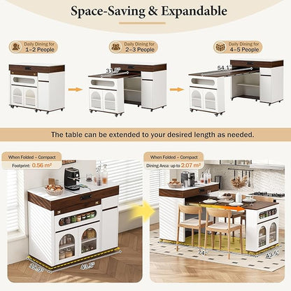 Modern Extendable Dining Table with Folding Top, Rolling Kitchen Island with Drawers & Storage Cabinet - Space Saving Kitchen & Dining Room Furniture with Sturdy Frame Construction, Easy Assembly,Crea