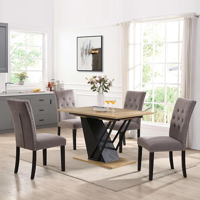 62" Extendable Island Table, Rustic Dining Table with Metal Frame, Mid Century Dining Table with MDF Top for Kitchen Dining Office, Black+Natural