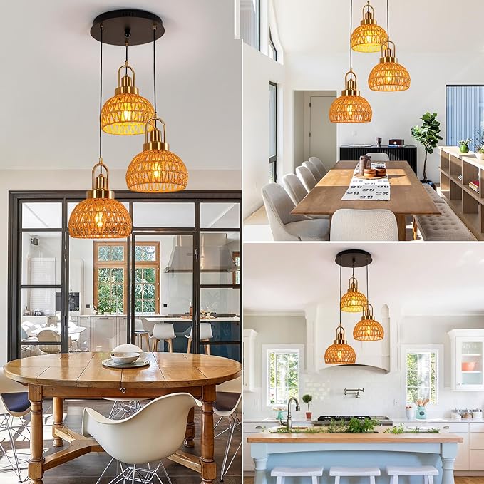 Modern Boho Gold Rattan Pendant Light 3-Lights Vintage Farmhouse Rattan Pendant Light Fixture Hand Woven Golden Bamboo Wicker Pendant Lights for Kitchen, Stairwell, Entryway, Living Room
