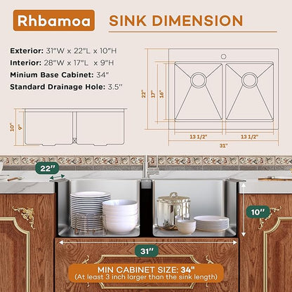 Rhbamoa Double Bowl Drop In Kitchen Sink 31 Inch,16-Gauge T304 Stainless Steel Topmount Kitchen Sink,50/50 Double Bowl Kitchen Sinks,10 Inch Deep Sinks with All Accessories, Brushed Finish