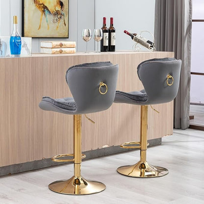 Rhomtree 24-33 Inch Swivel Bar Stools, Adjustable Counter Height Barstools, Velvet Tufted Back and Golden Footrest, Bar Chairs Kitchen Island, Cafe, Bar Counter, Dining Room, Coffee(Grey Set of 8)