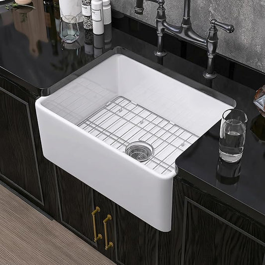 Miuara Farmhouse Sink 24 Inch - Small Apron Front Undermount Kitchen Sink Reversible 24"x18"x10", Farm House Style Single Bowl, Heavy Duty Solid Fireclay, Glossy White, for Kitchen & Laundry & Powder