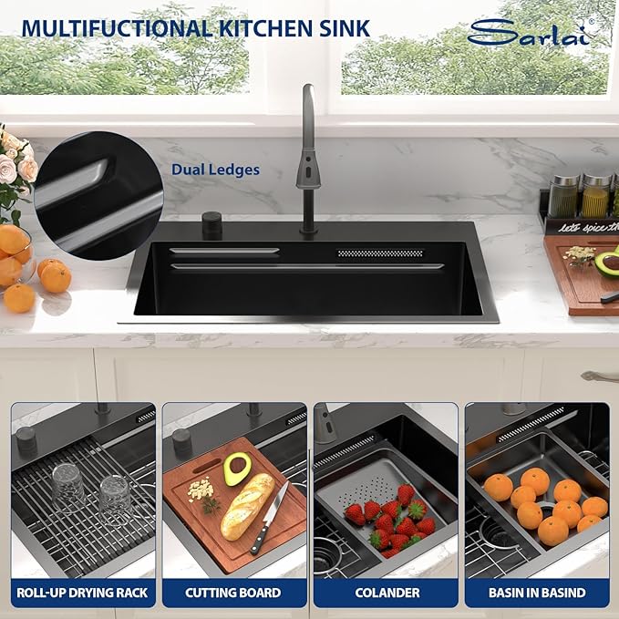 Sarlai 31 Inch Black Waterfall Kitchen Sink Drop In - 31x20 Inch Drop In Waterfall Sink Ledge Workstation Black Stainless Steel 16 Guage Single Bowl Kitchen Sinks Basin