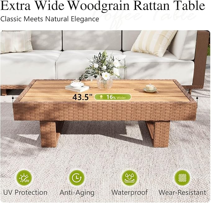 Sophia & William HDPE Patio Furniture Set，Modern Outdoor Sectional Sofa Set with 9.8" Cushions and 43.5" Wood Grain Coffee Table, Deep Seating Outdoor Conversation Set for Backyard(Beige, 5 Pieces)