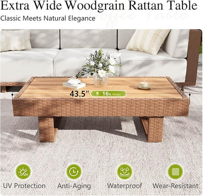 Sophia & William HDPE Patio Furniture Set，Modern Outdoor Sectional Sofa Set with 9.8" Cushions and 43.5" Wood Grain Coffee Table, Deep Seating Outdoor Conversation Set for Backyard(Beige, 5 Pieces)