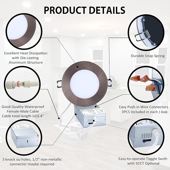 POPANU Premium LED-Canless Downlight Recessed Lighting 4-inch 5 CCT Adjustable Dimmable Recessed Lights Fixture with Junction Box, Ceilling Light with Junction Box, 9W, Oil Rubbed Bronze, 6 Pack