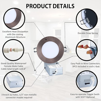 POPANU Premium LED-Canless Downlight Recessed Lighting 4-inch 5 CCT Adjustable Dimmable Recessed Lights Fixture with Junction Box, Ceilling Light with Junction Box, 9W, Oil Rubbed Bronze, 6 Pack