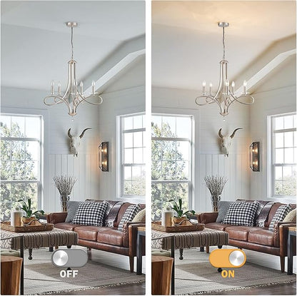 Modern Brushed Nickel Finish Chandeliers, 5-Lights Farmhouse Candle Scroll Arms Dining Room Light Fixture Industrial Ceiling Hang Light Fixture