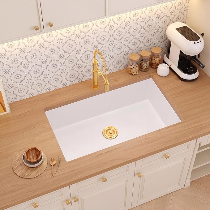 Rhbamoa 32 Inch White Undermount Kitchen Sink,White Granite Composite Kitchen Sink 32''x18'',10 Inch Depth Single Bowl Quartz Sinks with Accessories