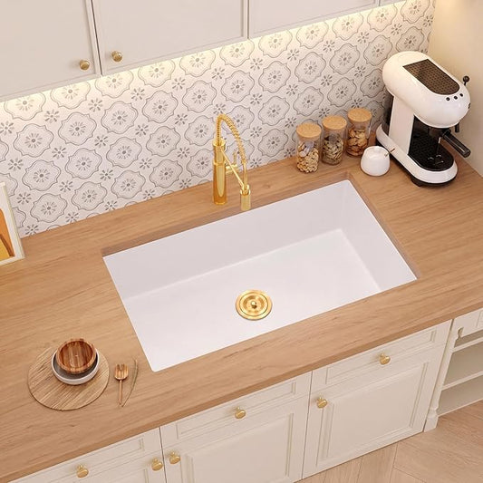 Rhbamoa 32 Inch White Undermount Kitchen Sink,White Granite Composite Kitchen Sink 32''x18'',10 Inch Depth Single Bowl Quartz Sinks with Accessories