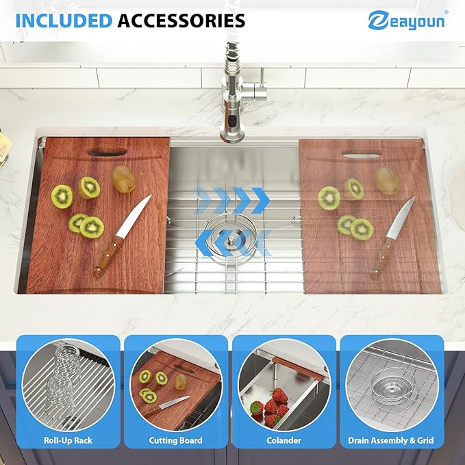 36 Inch Undermount Kitchen Sink Workstation 16 Gauge Stainless Steel Handmade Sink Round Corners Single Bowl Large Deep Under Counter Kitchen Sinks Basin, 36"x19"x9"