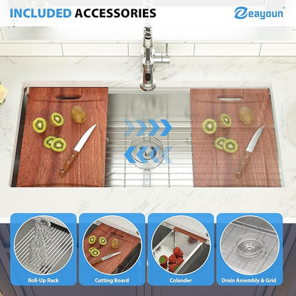 36 Inch Undermount Kitchen Sink Workstation 16 Gauge Stainless Steel Handmade Sink Round Corners Single Bowl Large Deep Under Counter Kitchen Sinks Basin, 36"x19"x9"