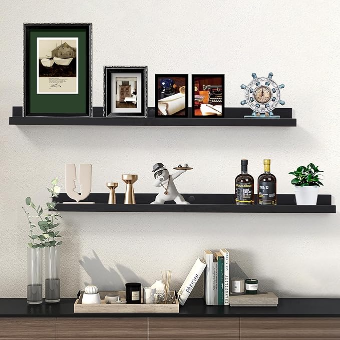AZSKY 24 Inch Picture Ledge Shelves Set of 3, Rustic Wood Floating Shelves for Photo Frames, Nursery & Kids Book Shelves, Wall Mounted Bathroom Organizer (Black)