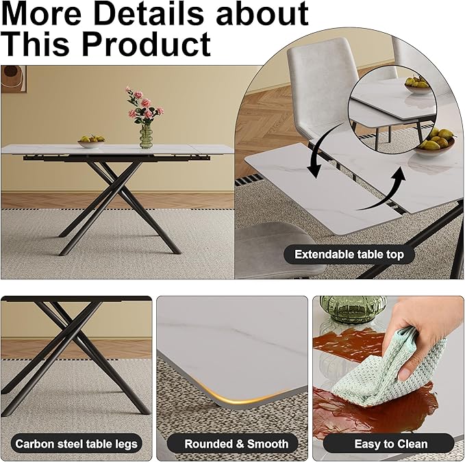 Runboll Extendable Rectangular Dining Table Set for 8, 47"-71" Modern Sintered Stone Kitchen Table with 8 Chairs and Carbon Steel Legs for Dining Room Family Gathering