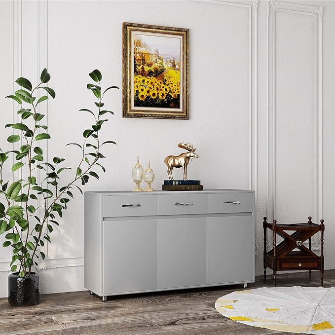 RASOO Buffet Kitchen Cabinet Storage Sideboard Cabinet Cupboard Sideboard Buffet Kitchen Room (Grey-3 Doors and 3 Drawers)