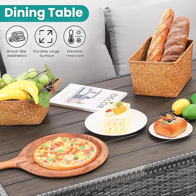 Wumiokio Patio Furniture Set, 7 Pieces Outdoor Patio Furniture with Dining Table&Chair, All Weather Wicker Conversation Set with Ottoman,Grey (Include Sofa Dust Cover)