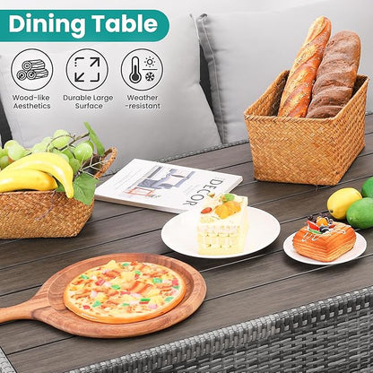 Wumiokio Patio Furniture Set, 7 Pieces Outdoor Patio Furniture with Dining Table&Chair, All Weather Wicker Conversation Set with Ottoman,Grey (Include Sofa Dust Cover)