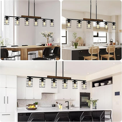 47.2" Farmhouse Kitchen Light Fixture, Black Hanging Kitchen Chandelier, 6-Light Rustic Dining Room Light Adjustable Height with Wood and Metal Frame, Suit for Farmhouse, Industrial Style