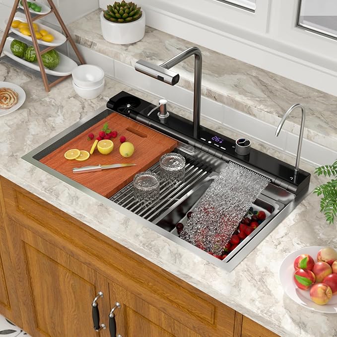 Mocoloo 33 Inch Honeycomb Waterfall Kitchen Sink Drop in, 33x19 Inch Stainless Steel Workstation Sink 16 Gauge Topmount Single Bowl LED Display Sink with Complete Kit