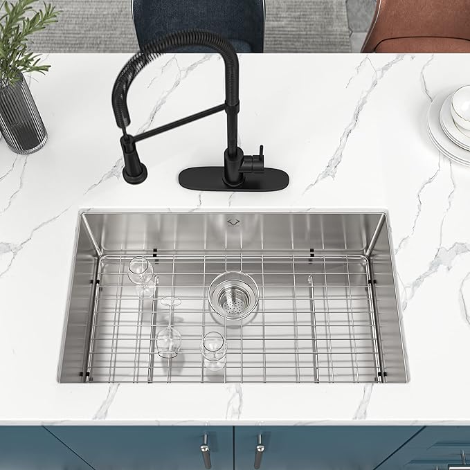 Kitchen Sink 30x18 Inch Undermount Sink Stainless Steel 16 Gauge Single Bowl Kitchen Sinks Set (5 Item Bundle: Sink, Bottom Grid, Drain Assembly, Drain Cap, Towel)