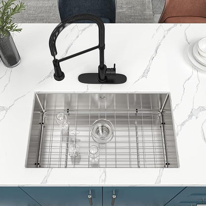 Kitchen Sink 30x18 Inch Undermount Sink Stainless Steel 16 Gauge Single Bowl Kitchen Sinks Set (5 Item Bundle: Sink, Bottom Grid, Drain Assembly, Drain Cap, Towel)