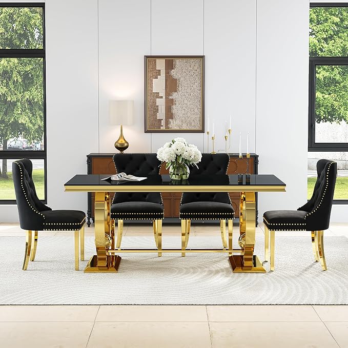 7-Piece Modern Luxury Dining Table Set, 70" Black Tempered Glass Dining Table with Gold Polished Stainless Steel U-Shaped Pedestal Base, 6 Black Velvet Upholstered Chairs, for Dining Room, Office