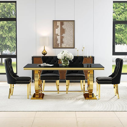 7-Piece Modern Luxury Dining Table Set, 70" Black Tempered Glass Dining Table with Gold Polished Stainless Steel U-Shaped Pedestal Base, 6 Black Velvet Upholstered Chairs, for Dining Room, Office