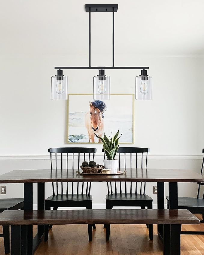 Doraimi Lighting Modern 3 Light Indoor Hanging Kitchen Island Light Black Finish 5.3" Clear Glass Chandelier Shade for Bar Dining Room Kitchen Island Over Sink