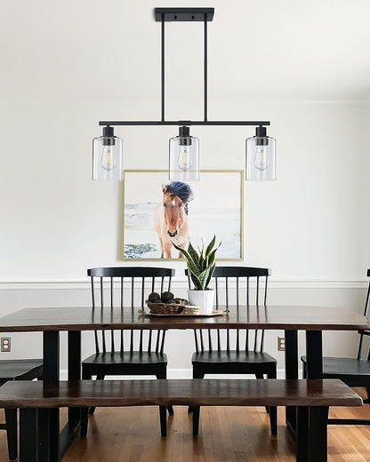 Doraimi Lighting Modern 3 Light Indoor Hanging Kitchen Island Light Black Finish 5.3" Clear Glass Chandelier Shade for Bar Dining Room Kitchen Island Over Sink