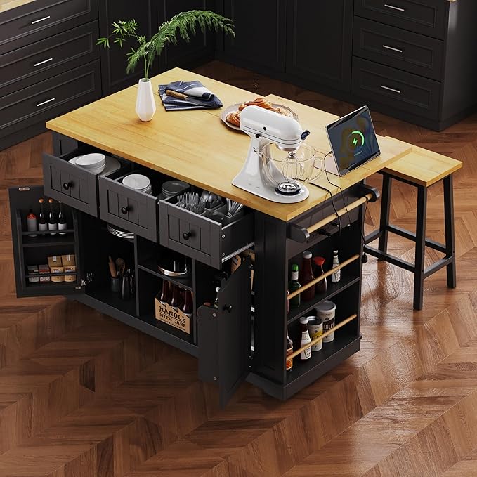 LUMISOL 53” Large Kitchen Island with Drop Leaf and Power Outlet, Rolling Kitchen Cart with Wheels, Door Internal Storage Rack and 5 Open Side Racks, Not Included Stools, Black