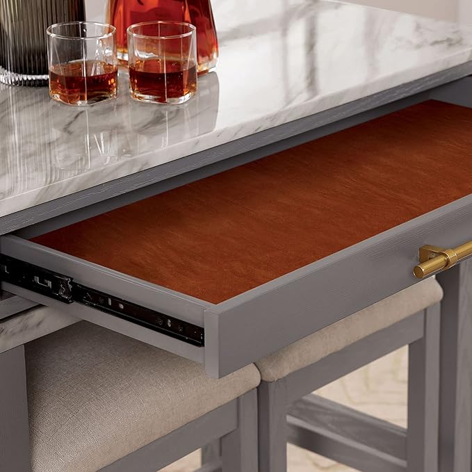 Grey 39" Rectangle Counter Dining Table White Farmhouse Wood Natural Finish Casters Drawers