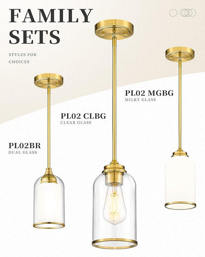 LIROUVET 2 Pack Pendant Lights, Vintage Dual Glass Hanging Lamp, Brushed Gold Pendant Lights Kitchen Island with Clear and Milk Glass, Pendant Lighting for Dining Room PL02BR-2PK