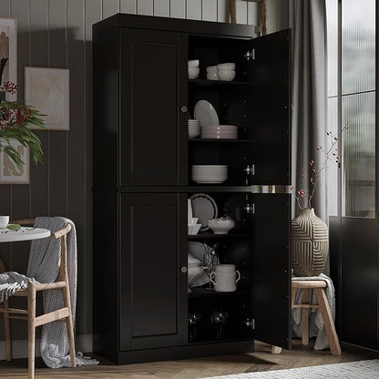Palace Imports Solid Wood Kitchen Pantry Cabinet - 71.5" Tall x 32" Wide - Wooden Storage Cabinet with 4 Doors & Adjustable Shelves, Black, 100% Renewable Eco-Friendly Wood, Made in Brazil