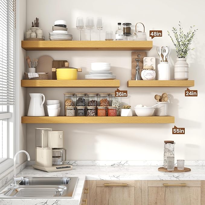 Heimlove 16 inch Floating Shelves for Wall,6.7 inch Deep Small Bathroom Over Toilet Shelf,Wall Mounted Wood Shelves for Bedroom,Living Room,Kitchen,Office,Set of 2,Oak Color