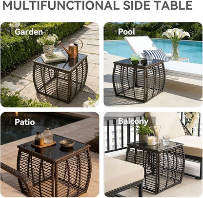 Kinfant Square Outdoor Wicker Side Table – Patio End Table with Tempered Glass Top, All-Weather Rattan Coffee Table for Balcony, Porch, Deck, Garden, Black Gold