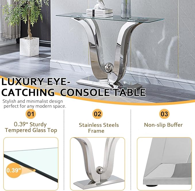 Luxury Glass Coffee Table Set of 3 Piece Silver Living Room Table Set of 3 Including Coffee and End Tables Set,Gorgeous Stainless Steel Frame, Clear Glass Top for Living Room Home Office Apartment