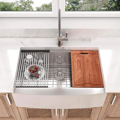 Lordear 33 Farmhouse Sink Stainless Steel Apron Front Ledge Workstation Deep Single Bowl 16 Gauge Stainless Steel Kitchen Farm Kitchen Sinks with Accessories, 9" Apron Height