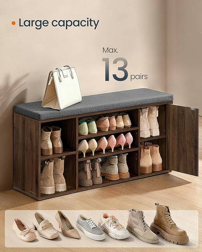 SONGMICS HOME Storage Bench, Superfast Toolless Assembly, 41" Wide Entryway Shoe Bench with Cushion & Adjustable Shelves, Shoe Rack Cabinet, Natural Walnut and Slate Gray ULHS391KE04S