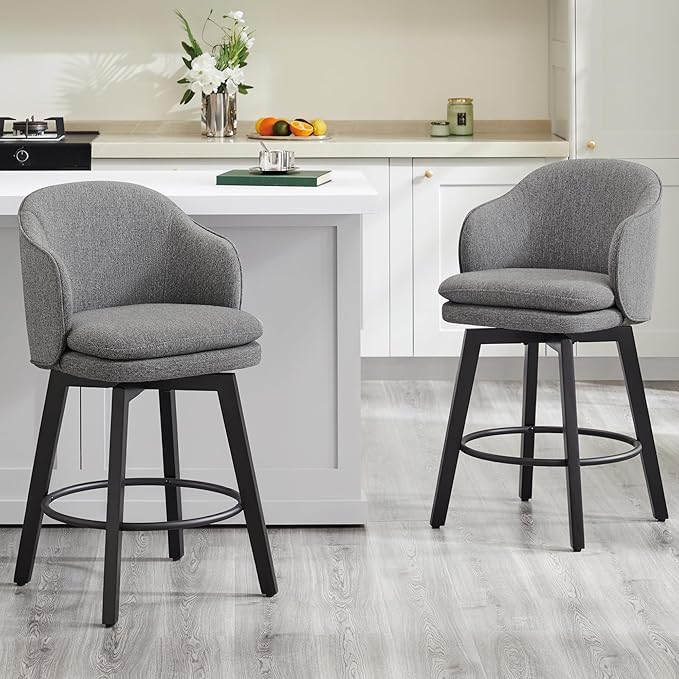 KISLOT Counter Height Barstools 26 inch Upholstered Swivel Bar Stools with Back for Kitchen Island,Set of 1,Dark Grey Fabric