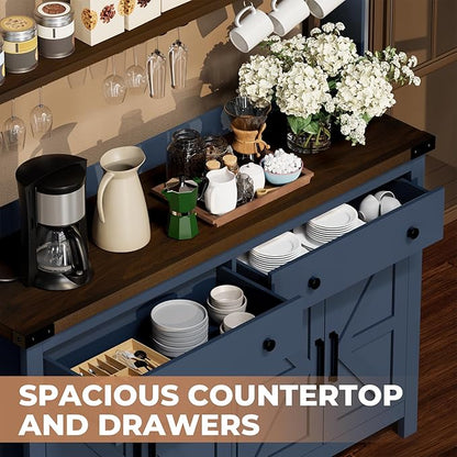 VVFLU Hutch Storage Buffet Cabinet with Drawers, and Charging Station, Coffee Bar Cabinet with Barn Doors, Wine Rack and Hooks, Blue Wood Sideboard Buffet for Kitchen, Dining Room, 54.1" High