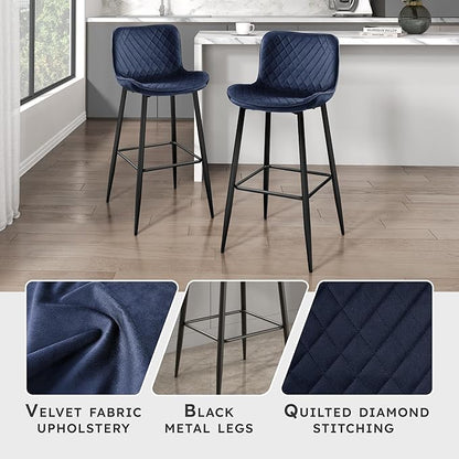 Lexicon Bar Stools Set of 2 - Bar Height Stools for Dining Room, Kitchen, Solid Padded Back, Tall, Black Metal Finish and Blue Velvet Cushion Seat, 29''SH