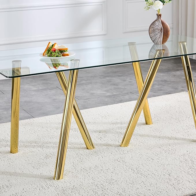 71" Glass Dining Table for 6-8, Modern Dining Room Table with 0.39" Tempered Glass Top and 6 Gold Metal Round Tube Legs, Rectangle Kitchen Dinner Table for Dining Room