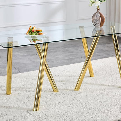 71" Glass Dining Table for 6-8, Modern Dining Room Table with 0.39" Tempered Glass Top and 6 Gold Metal Round Tube Legs, Rectangle Kitchen Dinner Table for Dining Room