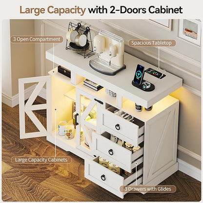 HNEBC LED Farmhouse Sideboard Buffet Cabinet with Storage, Wood Coffee Bar Station Table w/Charging Station, Large Kitchen Storage Cabinet w/Adjustable Shelf and 3 Drawers for Dining Room (White)