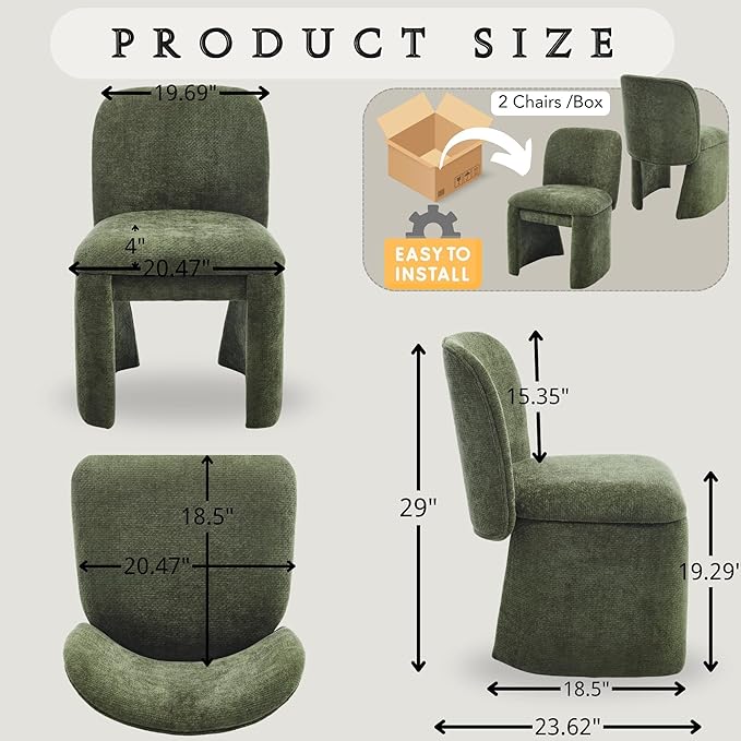 Hyfirm Modern Upholstered Dining Chairs Set of 2, Chenille Accent Side Dining Chairs Armless Kitchen Chair Parsons Chairs with Curved Back for Kitchen Dining Room Living Room, Moss Green