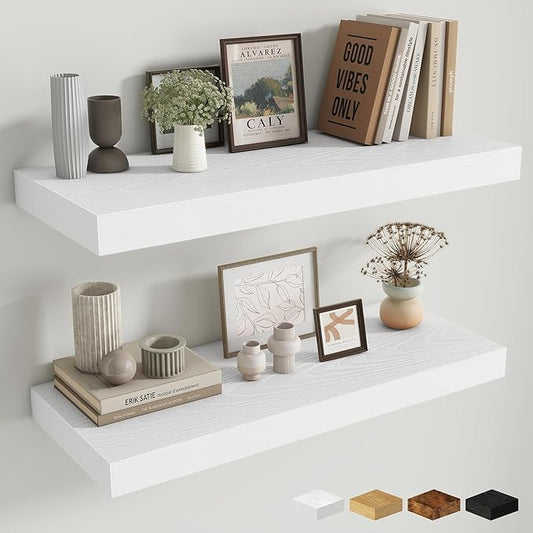Fun Memories 12 Inch Deep Floating Shelves for Wall, 30 Inch Long Floating Shelf, 30 x 12 Shelf for Wall, Rustic Wood Bookshelves, Hanging Shelves for Bathroom Kitchen Bedroom, White, Set of 2