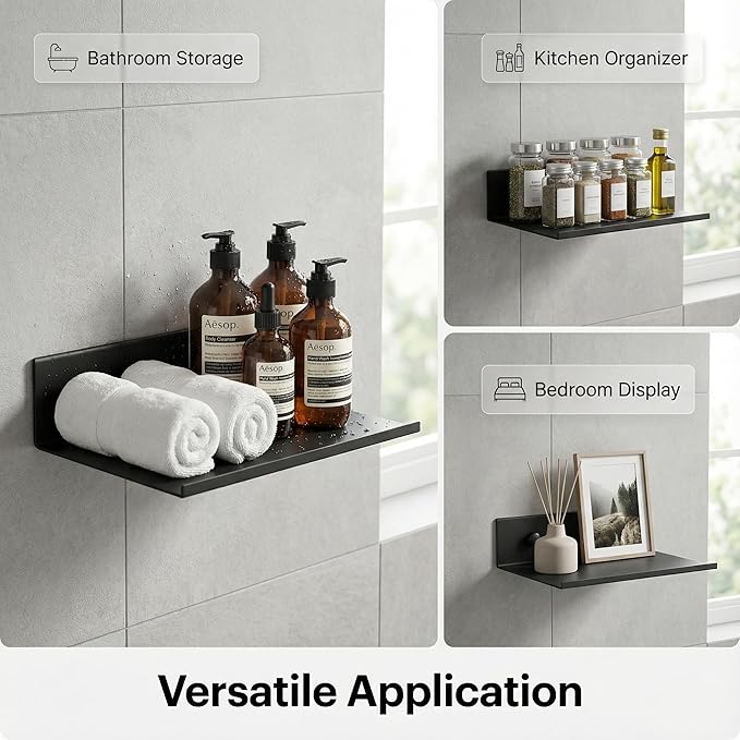 Z metnal Small Floating Shelves for Wall, 8-Inch Modern Aluminum Metal Display Shelf, Rustproof Minimalist Decor Wall Shelf for Bathroom, Bedroom & Office, No-Drill & Screw Mount, Matte Black, 2-Pack